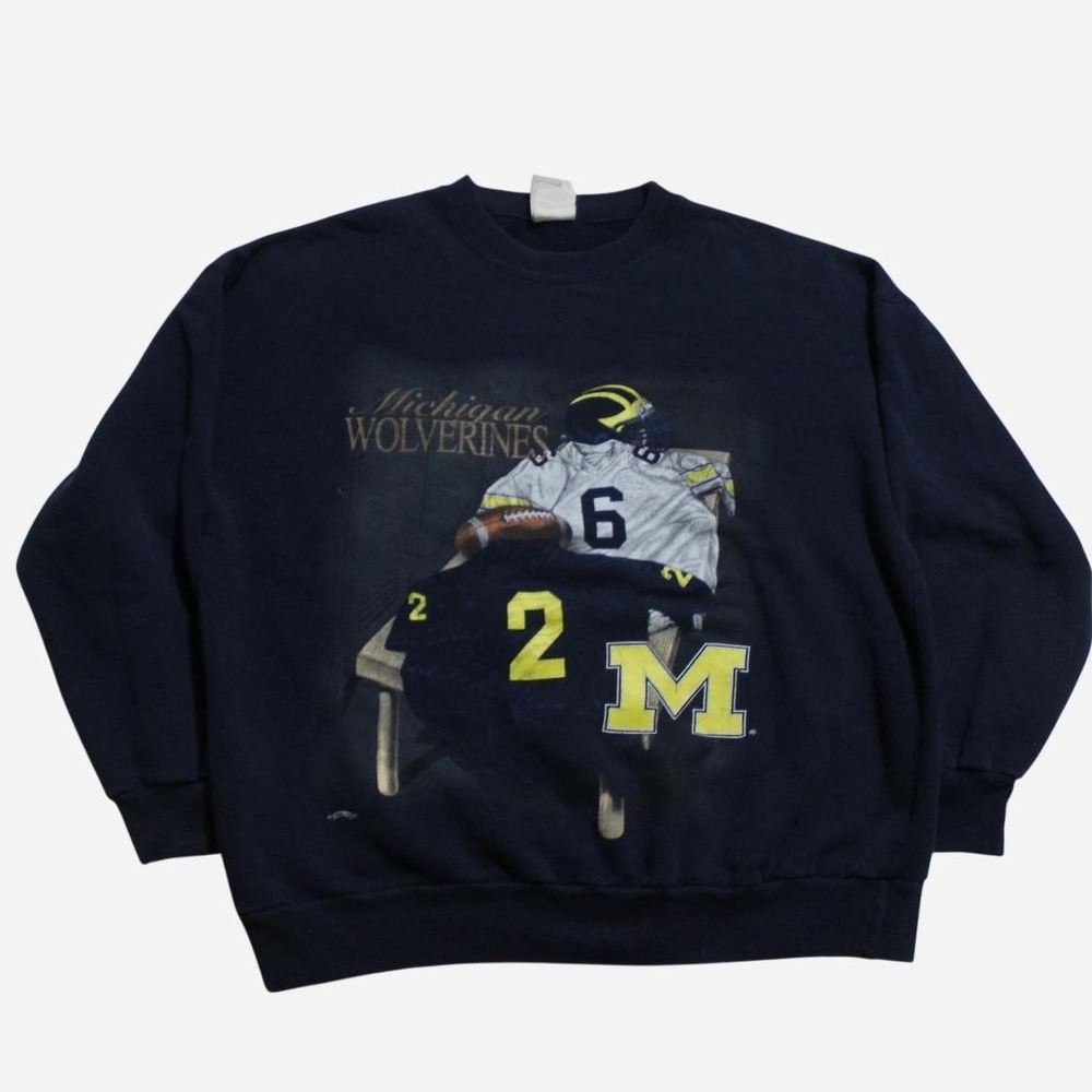 Mens Vintage 90s Skater Michigan Wolverines Nutmeg Mills Navy Crewneck